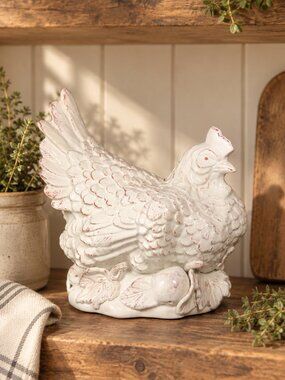 Large White Ceramic Hen Chicken Farmhouse Figurine 9”